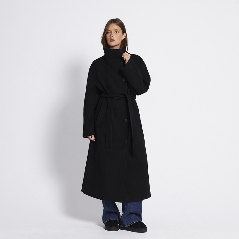 Long high-neck belted coat "Victoria" Black